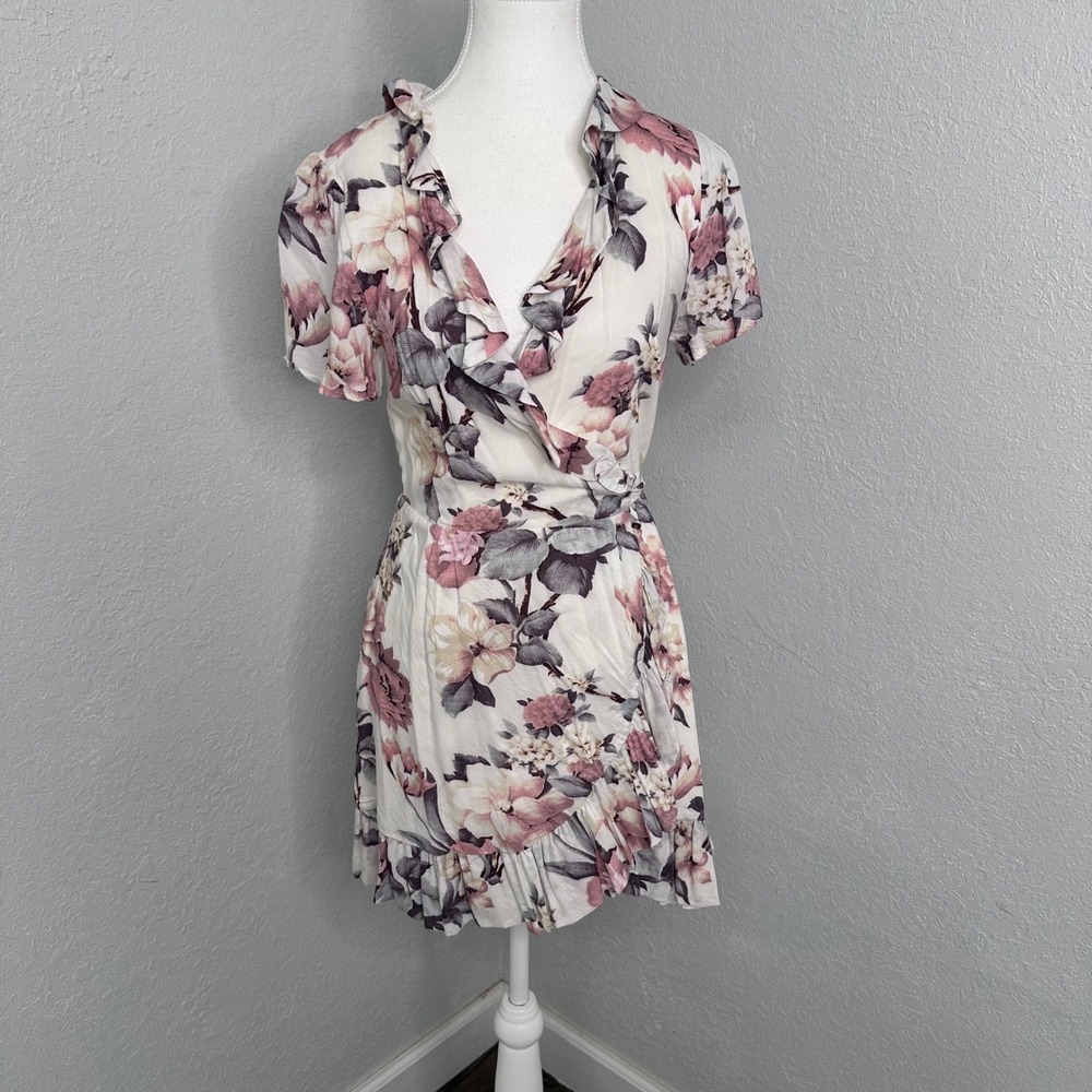 Paige Cardamom Floral Ruffle Wrap Mini Dress Short Sleeve Pink Cream XS‎